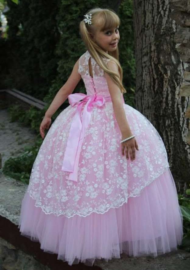 Graceful Lace Bateau Neck Floor-Length Ball Gown Flower Girl Dress BM bride