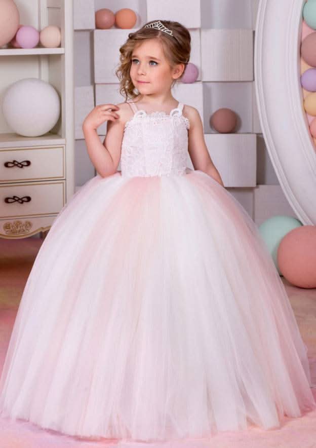 Elegant Tulle Square Neckline Floor-Length A-line Flower Girl Dress with Bandage BM bride