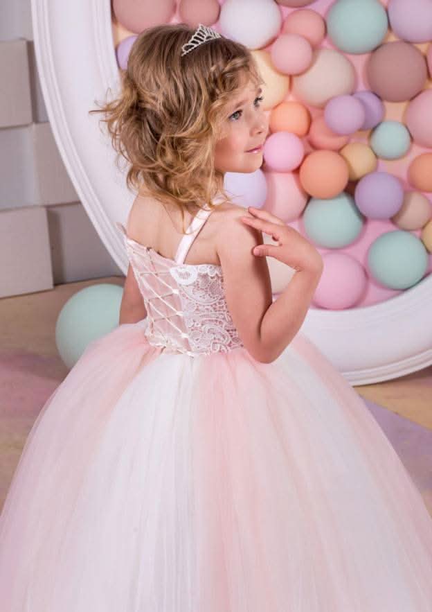 Elegant Tulle Square Neckline Floor-Length A-line Flower Girl Dress with Bandage BM bride