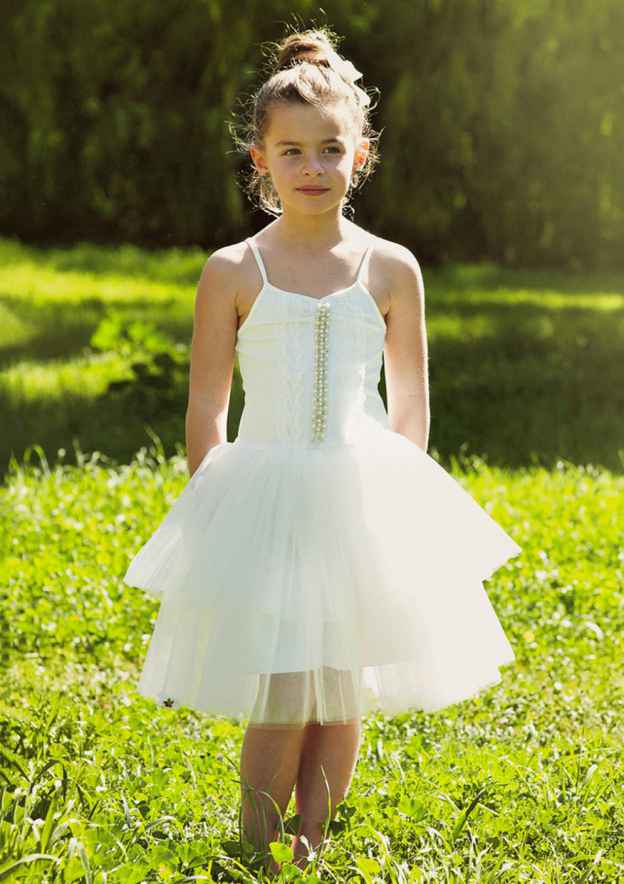 Stylish Tulle Square Neckline Knee-Length A-line Flower Girl Dress with Beading BM bride
