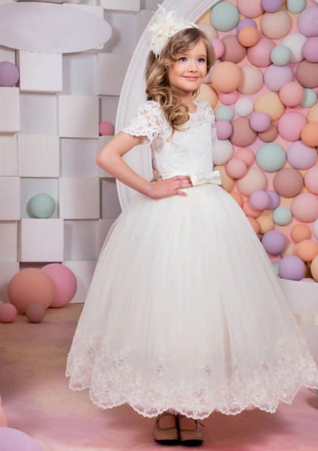 Lovely Lace Bateau Neck Ankle-Length A-line Flower Girl Dress with Bowknot BM bride