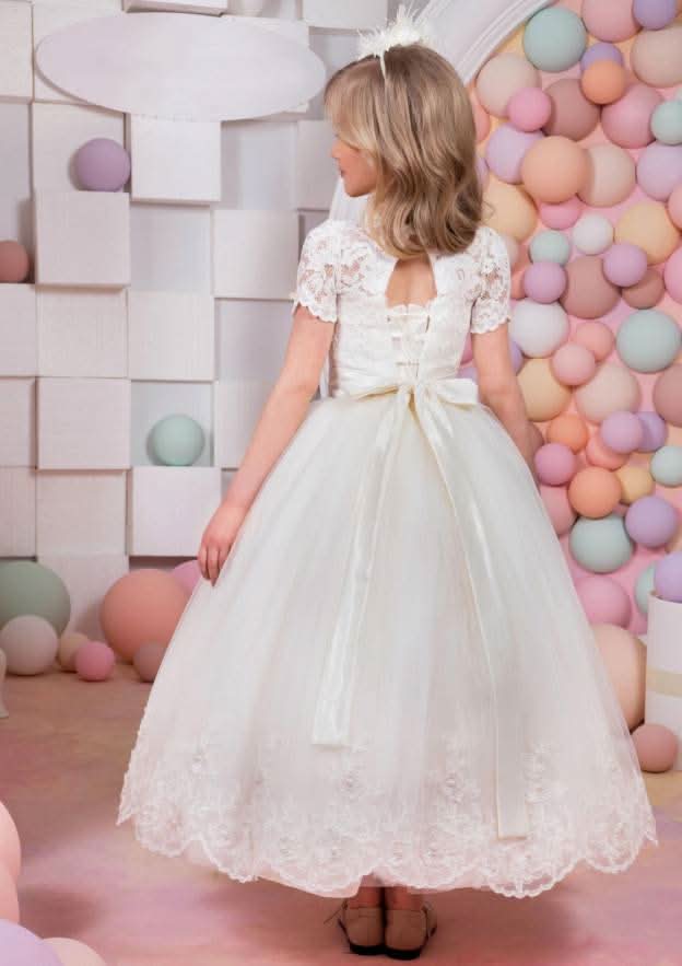 Lovely Lace Bateau Neck Ankle-Length A-line Flower Girl Dress with Bowknot BM bride