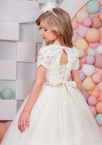 Lovely Lace Bateau Neck Ankle-Length A-line Flower Girl Dress with Bowknot BM bride