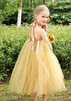 Graceful Tulle Halter Neck Tea-Length A-line Flower Girl Dress with Flower Accent BM bride
