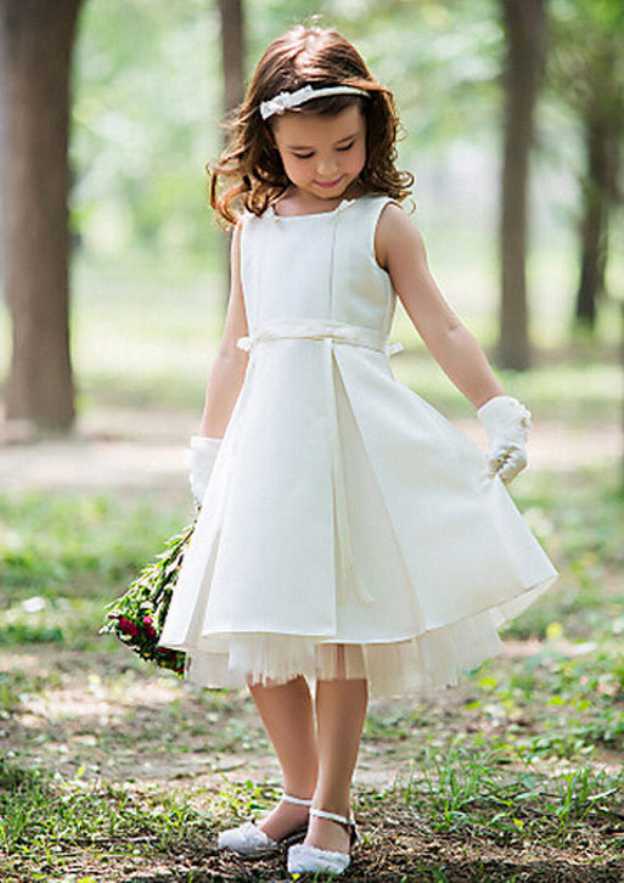Charming Satin Bateau Neck Tea-Length A-line Flower Girl Dress with Waistband BM bride