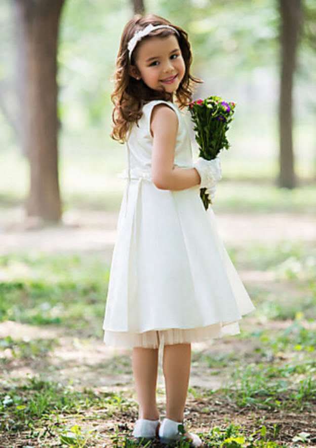 Charming Satin Bateau Neck Tea-Length A-line Flower Girl Dress with Waistband BM bride