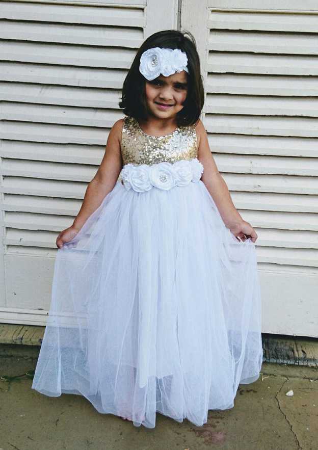 Stunning Tulle Bateau Neck Floor-Length A-line Flower Girl Dress with Sequins BM bride