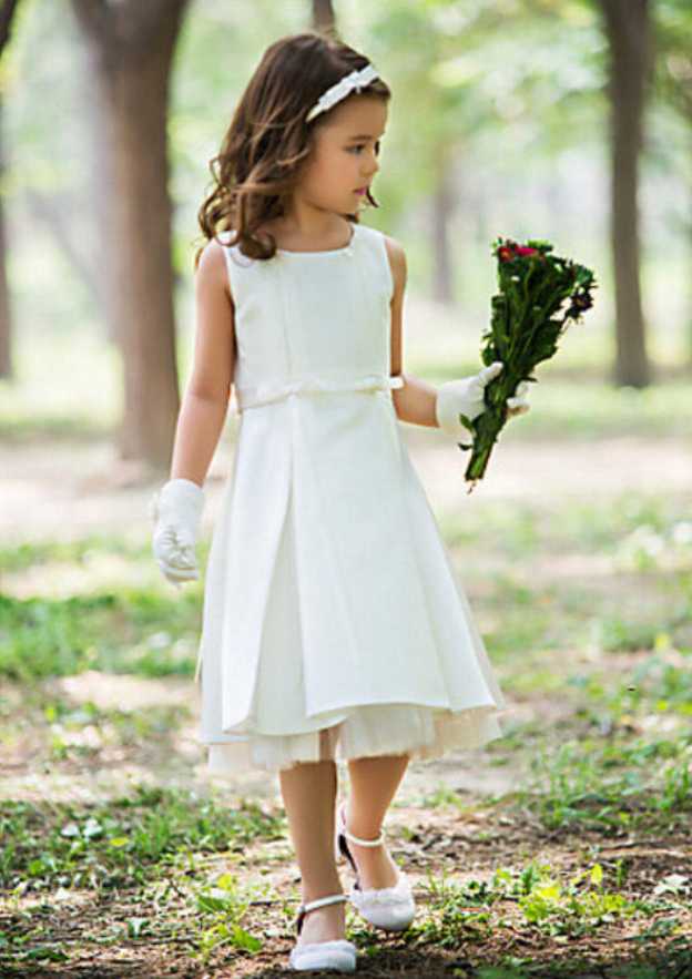 Charming Satin Bateau Neck Tea-Length A-line Flower Girl Dress with Waistband BM bride