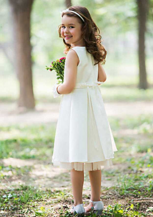 Charming Satin Bateau Neck Tea-Length A-line Flower Girl Dress with Waistband BM bride