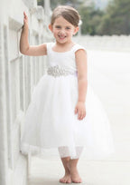 Graceful Tulle Square Neckline Tea-Length A-line Flower Girl Dress with Waistband BM bride
