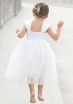 Graceful Tulle Square Neckline Tea-Length A-line Flower Girl Dress with Waistband BM bride