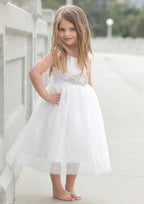 Graceful Tulle Square Neckline Tea-Length A-line Flower Girl Dress with Waistband BM bride
