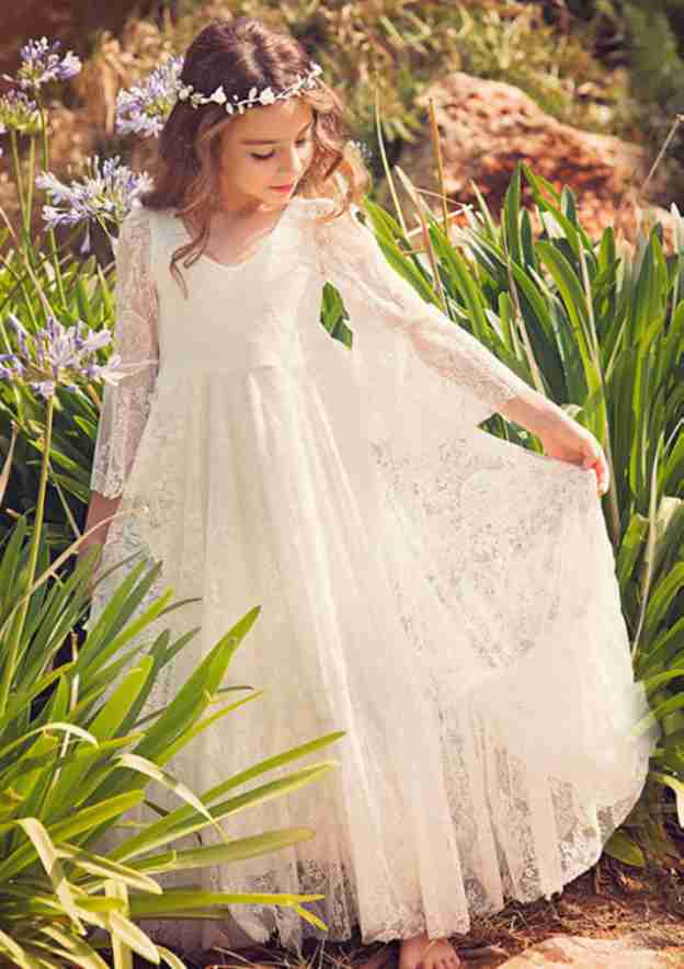Elegant Lace Bateau Neck Ankle-Length A-line Flower Girl Dress BM bride