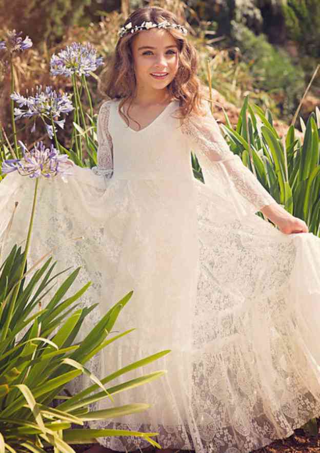 Elegant Lace Bateau Neck Ankle-Length A-line Flower Girl Dress BM bride