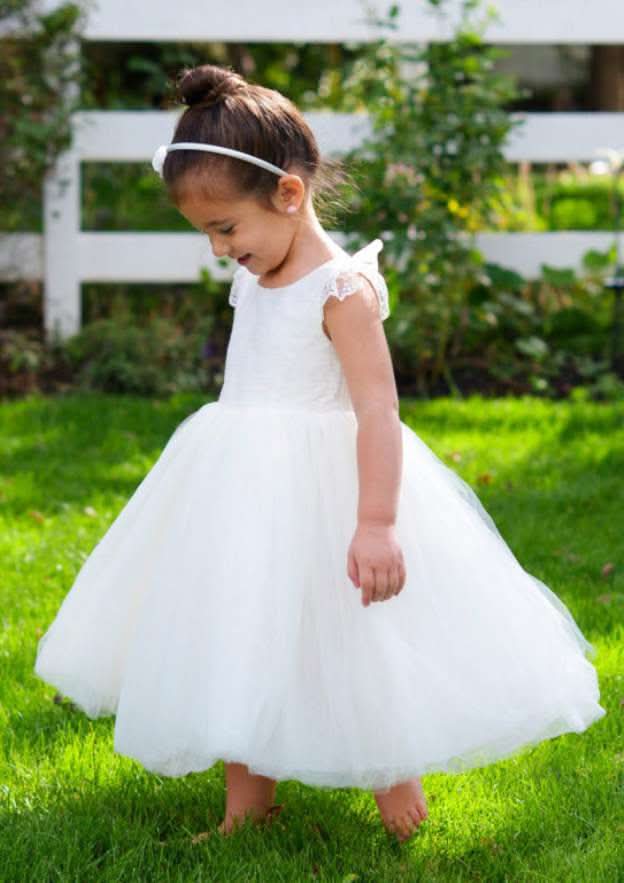 Elegant Tulle Bateau Neck Tea-Length A-line Flower Girl Dress with Lace BM bride