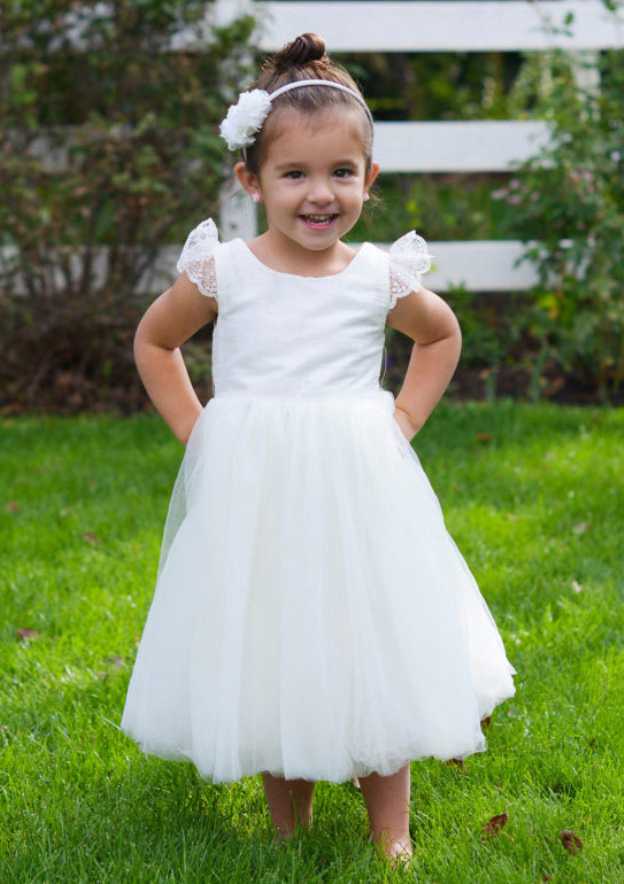 Elegant Tulle Bateau Neck Tea-Length A-line Flower Girl Dress with Lace BM bride
