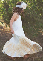 Elegant Satin Bateau Neck Floor-Length A-line Flower Girl Dress with Appliqued BM bride