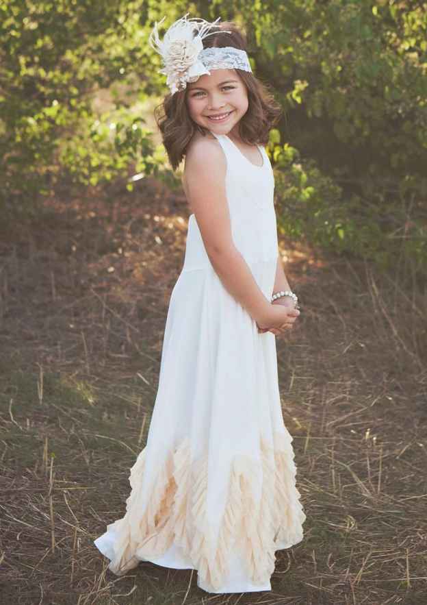 Elegant Satin Bateau Neck Floor-Length A-line Flower Girl Dress with Appliqued BM bride