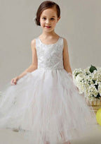 Charming Tulle Bateau Neck Tea-Length A-line Flower Girl Dress with Appliqued BM bride