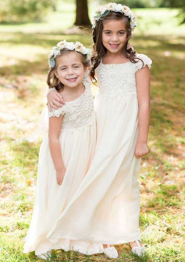 Sweet Chiffon Bateau Neck Floor-Length A-line Flower Girl Dress with Lace BM bride