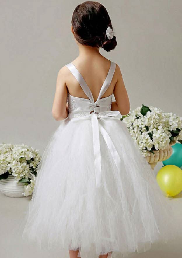 Charming Tulle Bateau Neck Tea-Length A-line Flower Girl Dress with Appliqued BM bride