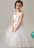 Charming Tulle Bateau Neck Tea-Length A-line Flower Girl Dress with Appliqued BM bride