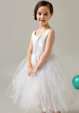Charming Tulle Bateau Neck Tea-Length A-line Flower Girl Dress with Appliqued BM bride