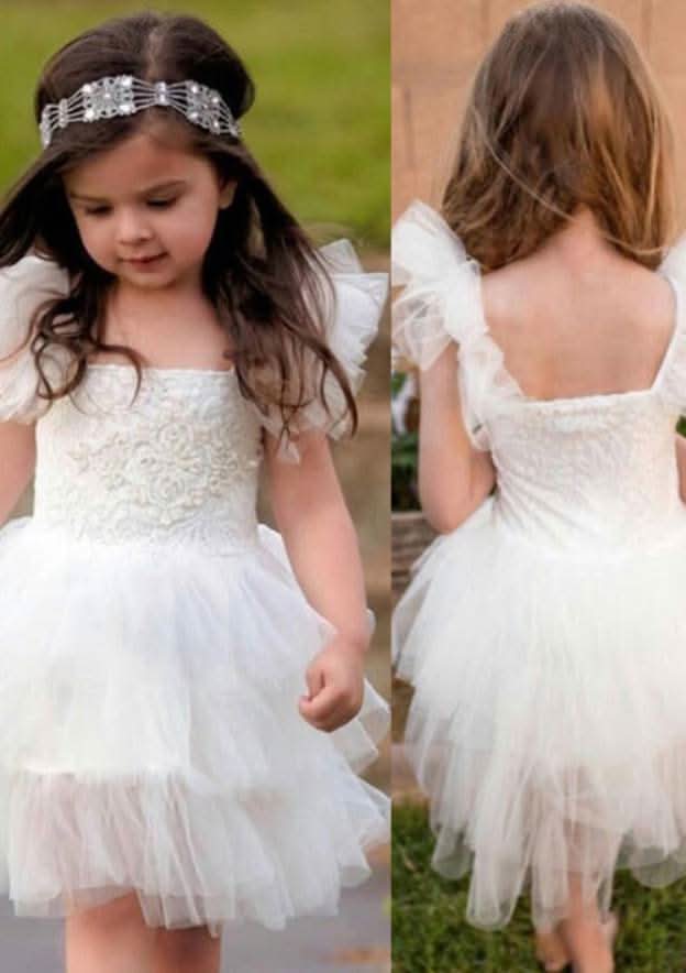 Elegant Sleeveless Square Neckline Knee-Length Tulle A-line Flower Girl Dress with Lace BM bride
