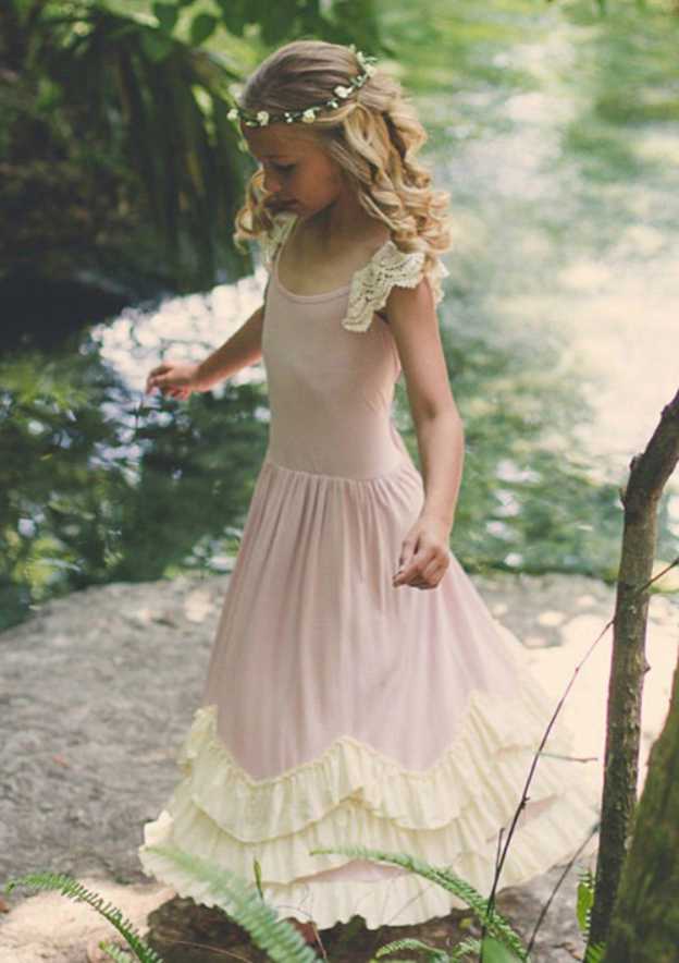 Stylish Jersey Scoop Neck Ankle-Length A-line Flower Girl Dress with Pleated BM bride