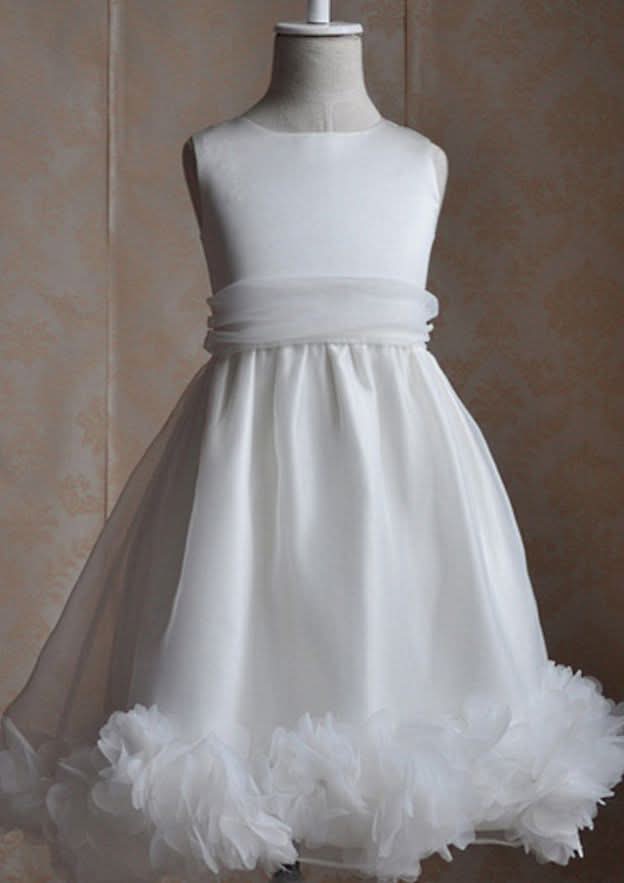 Graceful Organza Bateau Neck Tea-Length A-line Flower Girl Dress with Appliqued BM bride
