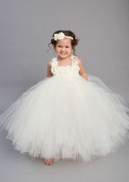 Sweet Tulle Square Neckline Ankle-Length Ball Gown Flower Girl Dress with Appliqued BM bride