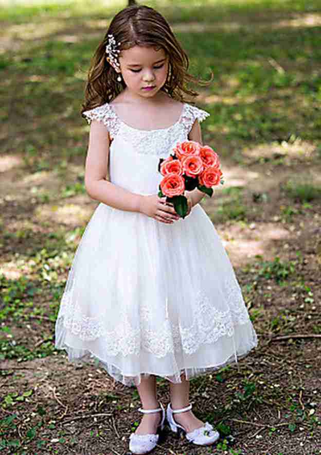 Elegant Lace Bateau Neck Tea-Length A-line Flower Girl Dress with Waistband BM bride