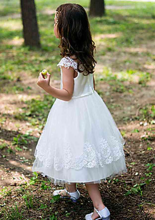 Elegant Lace Bateau Neck Tea-Length A-line Flower Girl Dress with Waistband BM bride