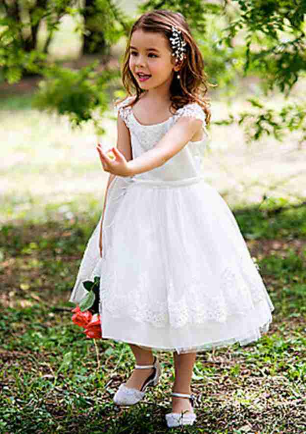 Elegant Lace Bateau Neck Tea-Length A-line Flower Girl Dress with Waistband BM bride