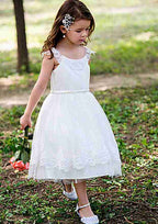 Elegant Lace Bateau Neck Tea-Length A-line Flower Girl Dress with Waistband BM bride