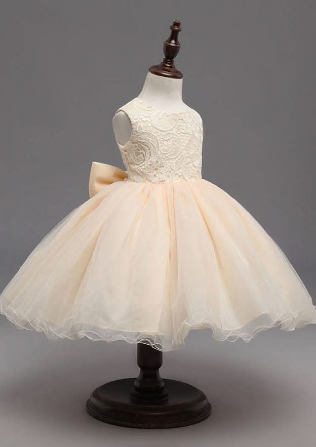 Lovely Organza Bateau Neck Tea-Length A-line Flower Girl Dress with Bowknot BM bride