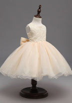 Lovely Organza Bateau Neck Tea-Length A-line Flower Girl Dress with Bowknot BM bride