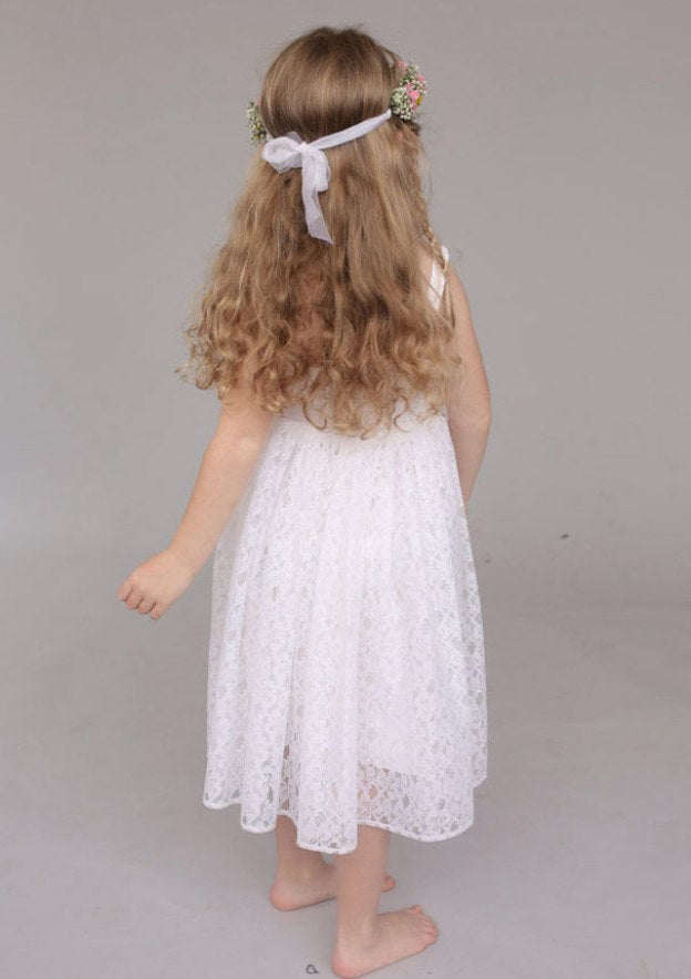 Sweet Lace Square Neckline Tea-Length A-line Flower Girl Dress with Waistband BM bride