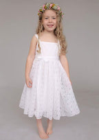 Sweet Lace Square Neckline Tea-Length A-line Flower Girl Dress with Waistband BM bride