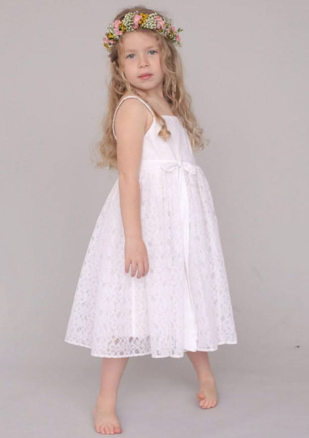 Sweet Lace Square Neckline Tea-Length A-line Flower Girl Dress with Waistband BM bride