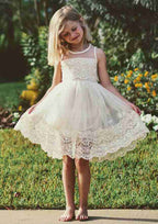 Graceful Lace Bateau Neck Knee-Length A-line Flower Girl Dress with Pleated BM bride
