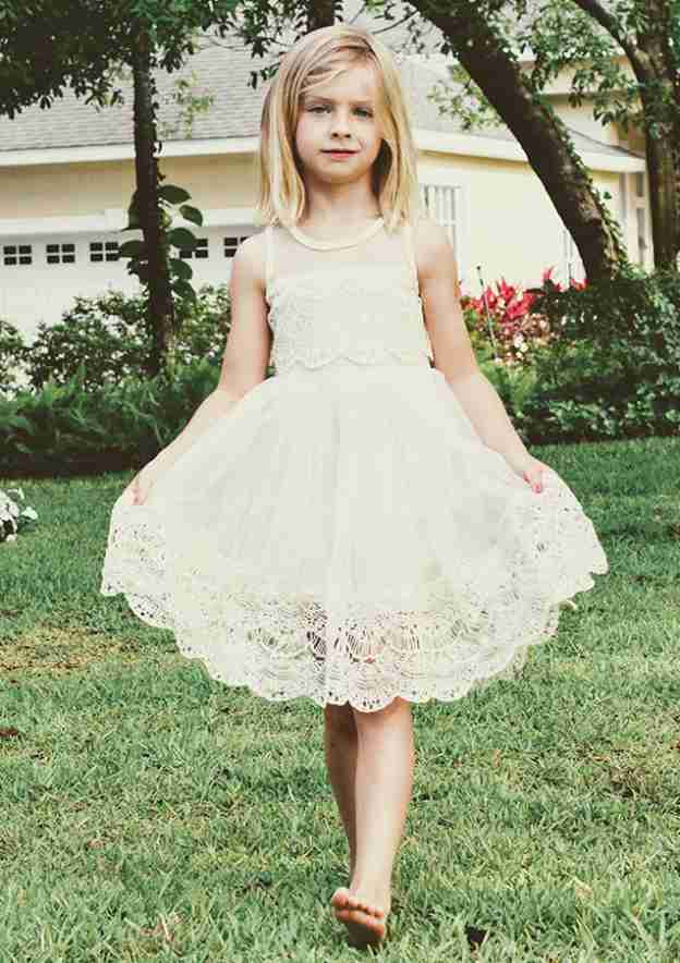 Graceful Lace Bateau Neck Knee-Length A-line Flower Girl Dress with Pleated BM bride