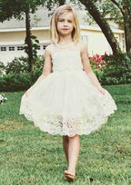 Graceful Lace Bateau Neck Knee-Length A-line Flower Girl Dress with Pleated BM bride