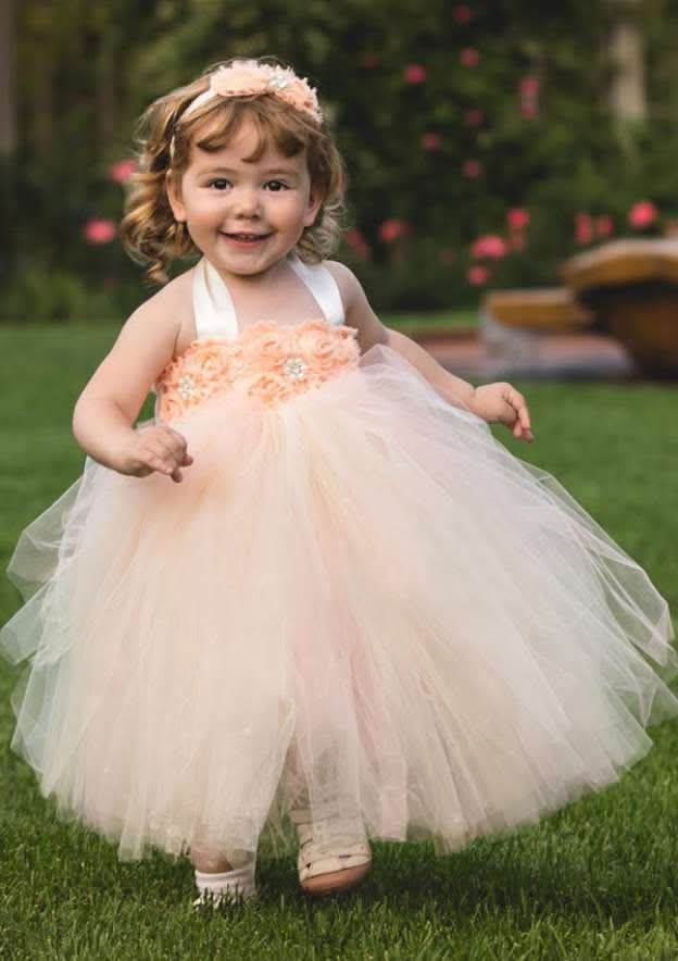 Stylish Tulle Halter Neck Ankle-Length A-line Flower Girl Dress with Appliqued BM bride