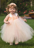 Stylish Tulle Halter Neck Ankle-Length A-line Flower Girl Dress with Appliqued BM bride