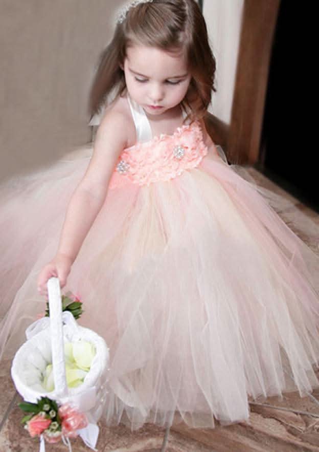 Stylish Tulle Halter Neck Ankle-Length A-line Flower Girl Dress with Appliqued BM bride