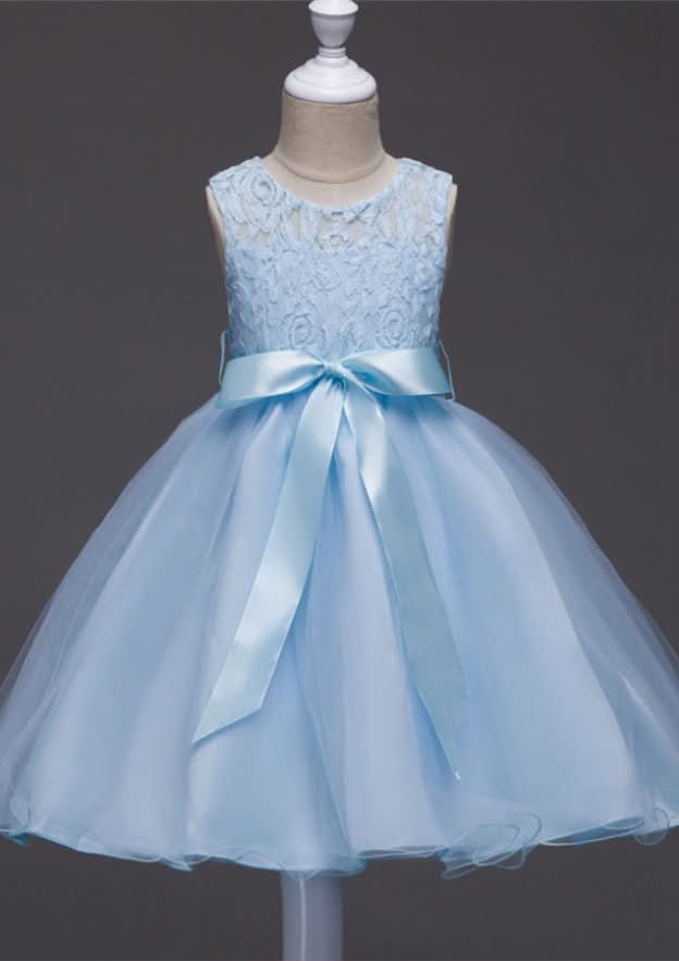 Charming Organza Bateau Neck Tea-Length A-line Flower Girl Dress with Waistband BM bride