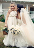Elegant Satin Bateau Neck Floor-Length A-line Flower Girl Dress with Appliqued BM bride