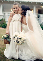 Elegant Satin Bateau Neck Floor-Length A-line Flower Girl Dress with Appliqued BM bride