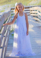 Elegant Lace Halter Neck Sweep Train A-line Flower Girl Dress with Pleated BM bride